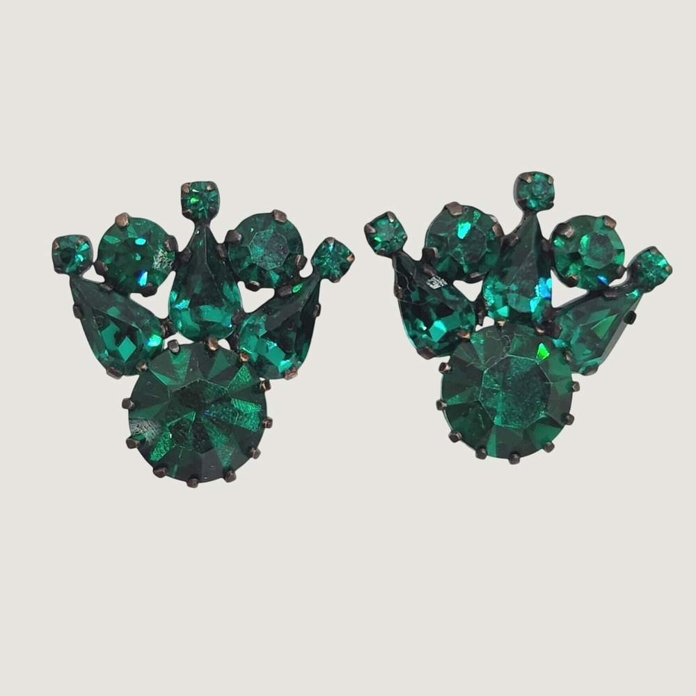 Vintage Emerald Green Crystal Clip On Cluster Earrings Glam Made in Austria